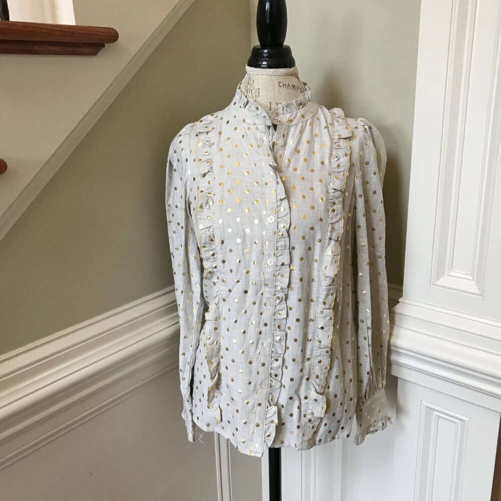 Boden Isla Frill Metallic Dot Shirt Blouse Womens 6 Gray Gold Long Sleeve Ruffle - Picture 3 of 12
